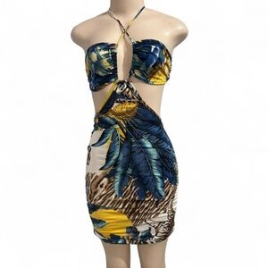 Tropical Print Cutout Mini Dress in Blue & Yellow